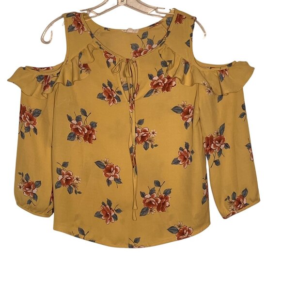 E M Size M Top Yellow Floral Cold Shoulder Ruffle LW Y2K Casual Peasant - Picture 1 of 16